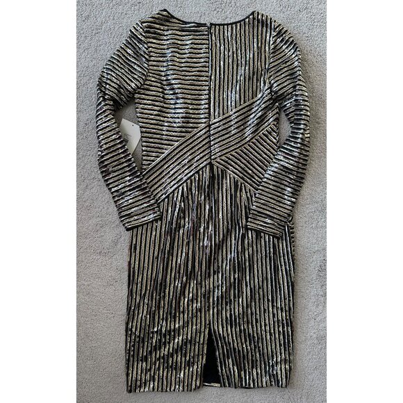 THEIA New Sz 8 Black & Gold Striped Sequin LS Evening Cocktail Dress $495 - Picture 16 of 16